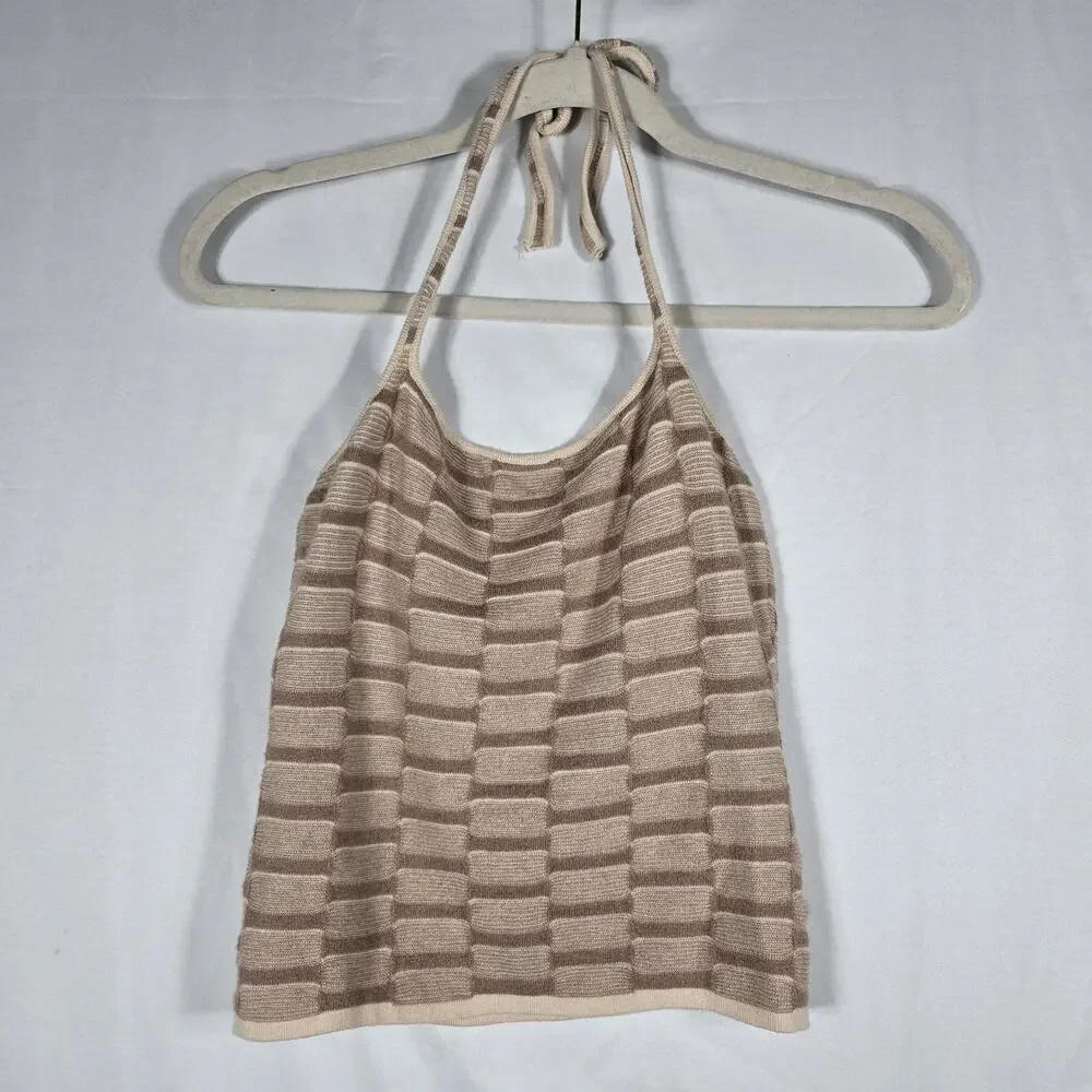 PrettyLittleThing Womens M Knit Halter Top Mini Skirt Set Beige Textured 2 Piece